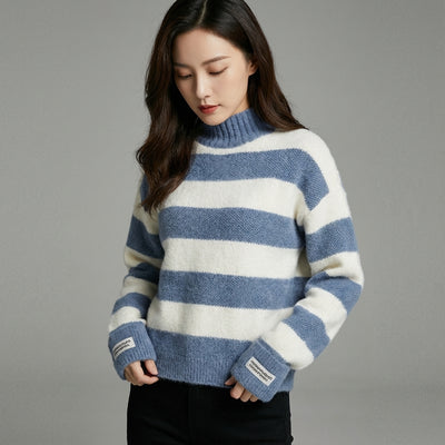 Pull rayé col roulé femme en laine et polyester - Mode Coréenne Koreanxwear - Taille One Size
