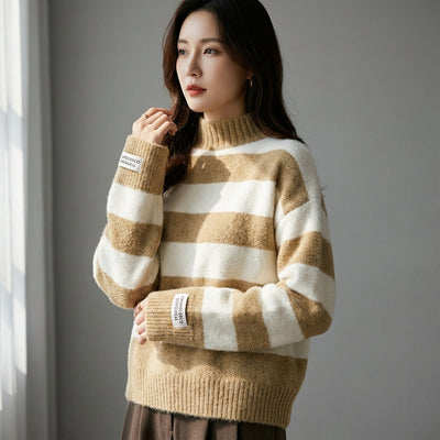 Pull rayé col roulé femme en laine et polyester - Mode Coréenne Koreanxwear - Taille One Size