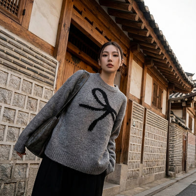 Pull tricoté coréen femme col rond nœud papillon gris - Koreanxwear