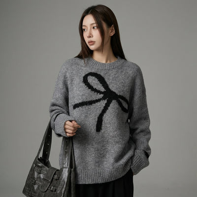 Pull tricoté coréen femme col rond nœud papillon gris - Koreanxwear - Taille One size