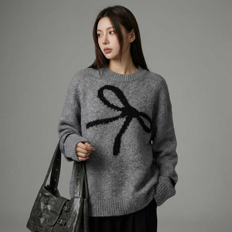 Pull tricoté coréen femme col rond nœud papillon gris - Koreanxwear - Taille One size