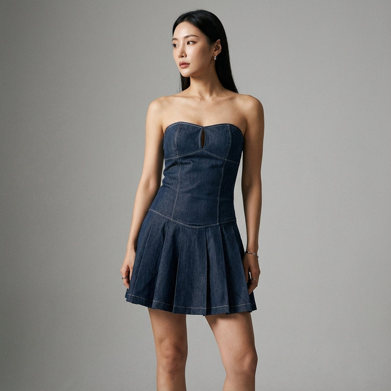 Robe courte plissée femme coréenne décolleté bustier dos nu bleu - Koreanxwear - Taille L