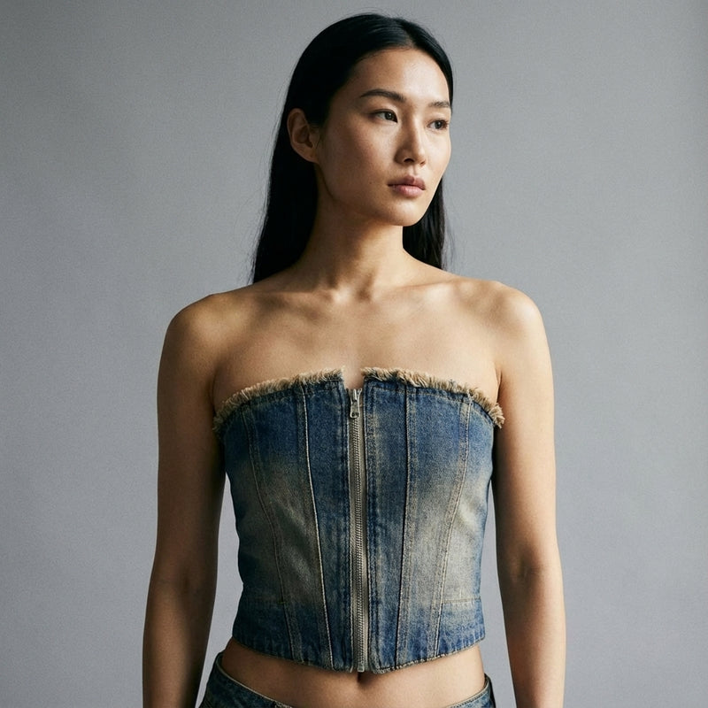 Veste bustier en jean Coréenne femme avec franges vintage - Koreanxwear - Taille M