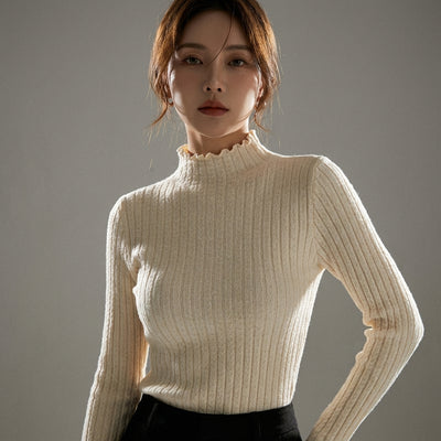 Pull coréen femme col montant à volants en maille, couleur noir, abricot, vert olive ou blanc. - Taille One Size