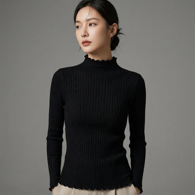 Pull coréen femme col montant à volants en maille, couleur noir, abricot, vert olive ou blanc. - Taille One Size