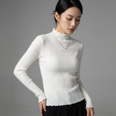 Pull coréen femme col montant à volants en maille, couleur noir, abricot, vert olive ou blanc. - Taille One Size