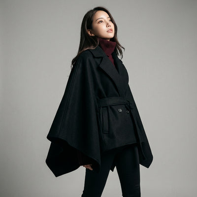 Poncho cape hiver femme coréenne noir avec ceinture et col à revers - Koreanxwear - Taille 5XL - Grande Taille