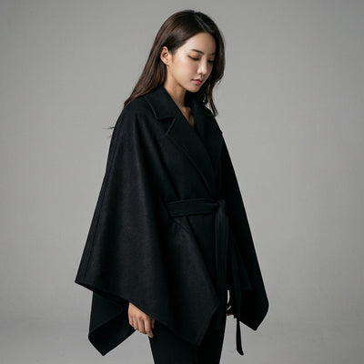 Poncho cape hiver femme coréenne noir avec ceinture et col à revers - Koreanxwear - Taille 6XL