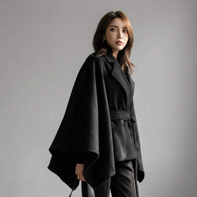 Poncho cape hiver femme coréenne noir avec ceinture et col à revers - Koreanxwear - Taille L