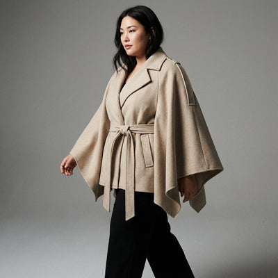 Poncho cape hiver femme coréenne noir avec ceinture et col à revers - Koreanxwear - Taille XL - Grande Taille