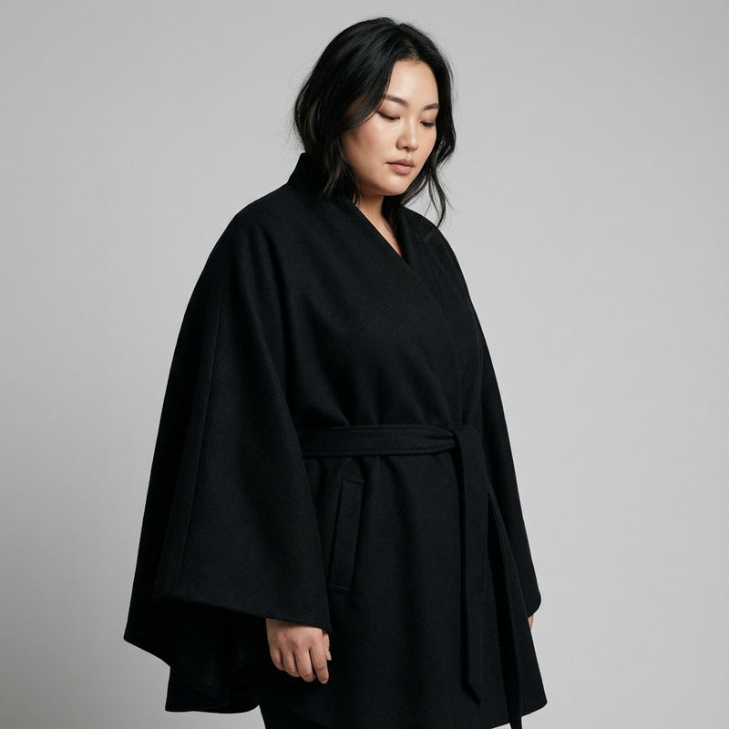 Poncho cape hiver femme coréenne noir avec ceinture et col à revers - Koreanxwear - Taille XXXL