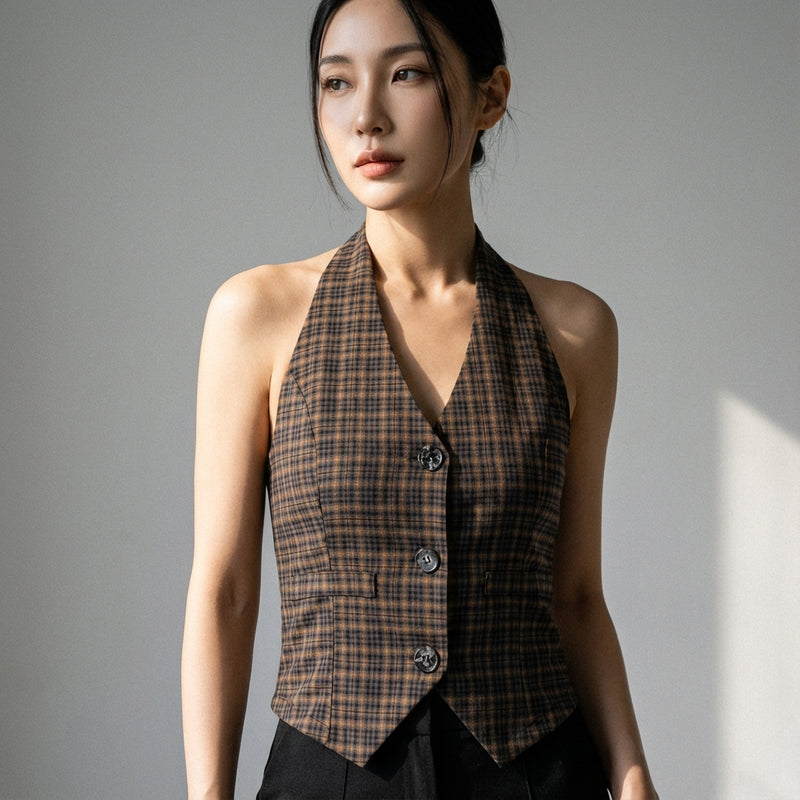 Cardigan court rétro femme coréenne à carreaux marron - Col V et boutons Koreanxwear - Taille M