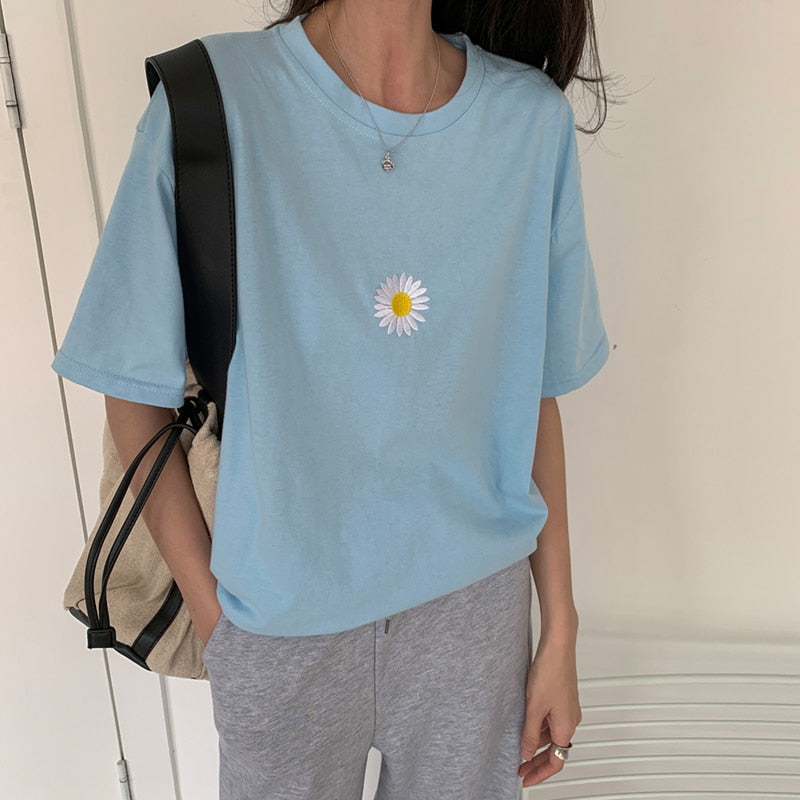 T Shirt Bleu Fleur Coréenne