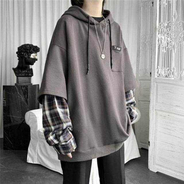 Hoodie coréen manches vintage gris