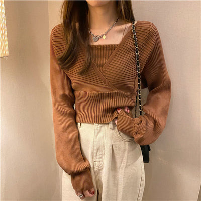 Pull marron élégant femme coréenne